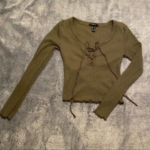 Forever 21 Medium Olive Green Crop Top - laced, tie, long sleeved, fitted, tee